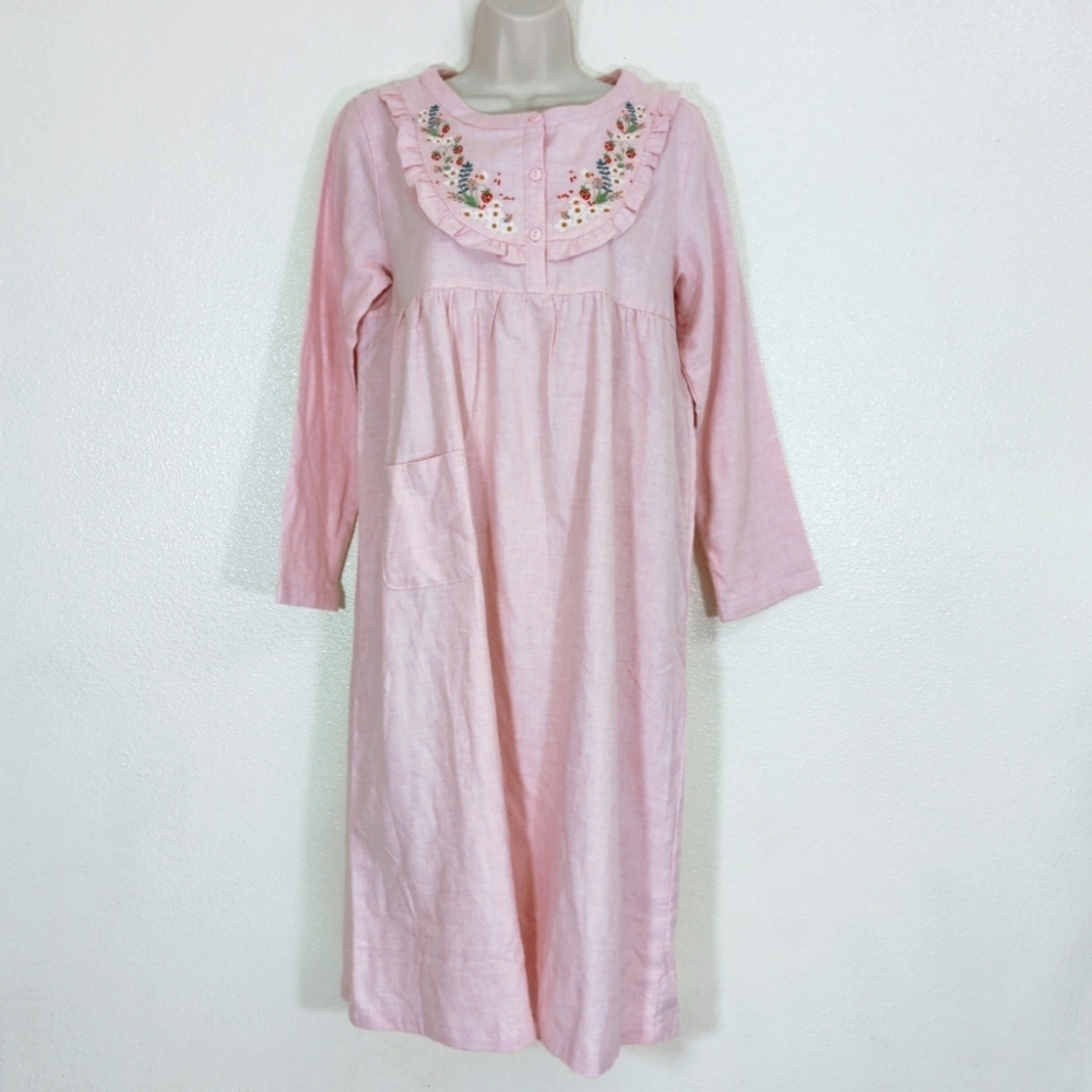 Modest Pink Floral Flannel Ruffle Detail Embroidered Cottagecore Nightgown